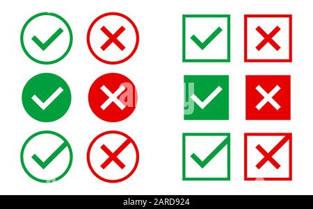 Genehmigte und abgelehnte Symbole im weißen Hintergrund. Grüne und rote Markierungen. Richtige und falsche Symbole. Häkchen mit Kreis oder Quadrat für Webdesign oder App Stock Vektor