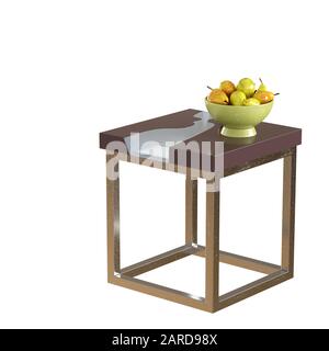 Ein kleiner quadratischer Couchtisch auf einem Metallsockel mit grüner Vase mit Birnen auf weißem Hintergrund. Copyspace. 3D-Rendering Stockfoto