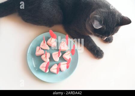 Marshmallows und Papierherzen auf Spießen, die in Meringues stecken Stockfoto