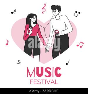 Emailliertes Paar in Vektorgrafiken in Herzform. Musikfestival, Konzert, öffentliche Veranstaltung. Junge Leute halten die Hände und hören Musik flache Konturfiguren isoliert auf weißem Hintergrund Stock Vektor