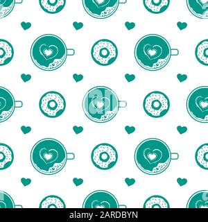 Vektor nahtlose Muster Happy Valentinstag, Geburtstag, Hochzeit, Muttertag, Vatertag, Donut, Tasse Kaffee mit Schaum romantischen Hintergrund F Stock Vektor