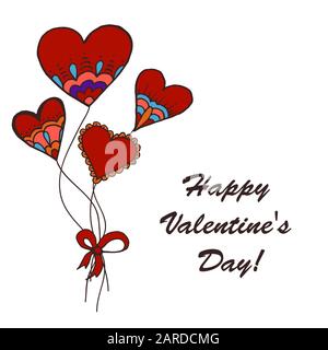 Karte, Banner. Doodle-Zeichnung. Herzen, Ballons, Bogen. Handzeichnung. Liebe. Valentinstag Stock Vektor