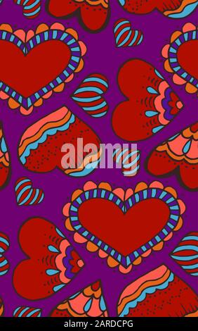 Süßes, nahtloses Muster. Doodle Heart. Liebe. Herz. Handzeichnung. Skizze. Violetter Hintergrund Stock Vektor