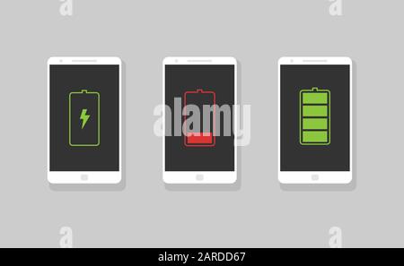 Smartphone mit Akku-Symbol. Rot entladen und grün aufgeladener Akku Stock Vektor