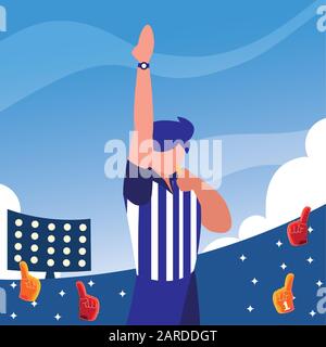 American Football Schiedsrichter mit der Hand nach oben auf dem Design der Stadionvektorillustration Stock Vektor
