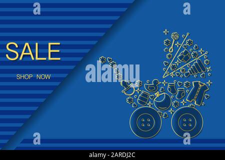 Vector Illustration Baby-Kinderwagen, Babyartikel. Verkaufsvorlage jetzt kaufen Hintergrund Großverkauf Angebot Preissenkung Werbung Einkauf Discoun Stock Vektor