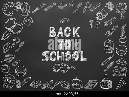 Zurück zur Schule. Zeichnen mit Kreide. Schwarzes Brett. Schulische Elemente. Handzeichnung Stock Vektor