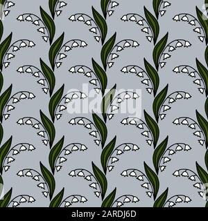 Geblümter, nahtloser Hintergrund. Lilien des Tals. Zweige, Blätter. Wellen von Blumen. Streifen. Hellgrauer Hintergrund Stock Vektor