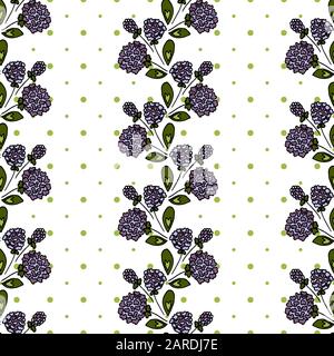 Nahtloses Blumenmuster. Lilafarbiger Infloreszenz. Klee. Streifen mit Blumen auf weißem Grund. Hintergrund in Polka Dots Stock Vektor