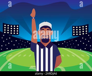 American Football Schiedsrichter mit der Hand nach oben auf dem Design der Stadionvektorillustration Stock Vektor