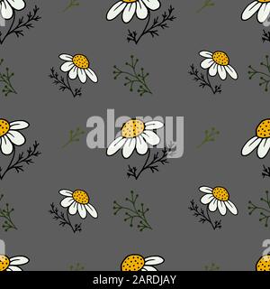 Geblümter, nahtloser Hintergrund. Kamille officinalis. Zweige, Blätter. Grauer Hintergrund Stock Vektor
