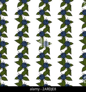 Beere mit nahtlosem Muster. Blaue Beeren. Blaubeere. Streifen von Beeren und Blättern auf weißem Grund Stock Vektor