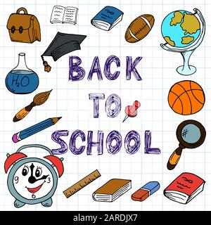 Zurück zur Schule. Auf dem Notizbuchblatt zeichnen. Schulische Elemente. Handzeichnung Stock Vektor
