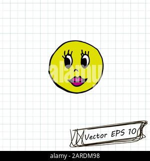 Stil der Kinderzeichnung. Zeichnung von Doodle auf einem Notizbuchblatt. Smiley mit Lippen Stock Vektor