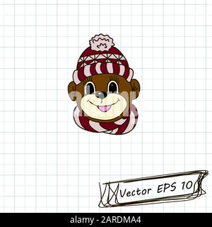Stil der Kinderzeichnung. Zeichnung von Doodle auf einem Notizbuchblatt. Der Affe in der Mütze Stock Vektor