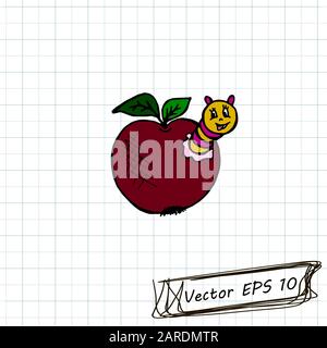Stil der Kinderzeichnung. Zeichnung von Doodle auf einem Notizbuchblatt. Apfel mit Raupe Stock Vektor