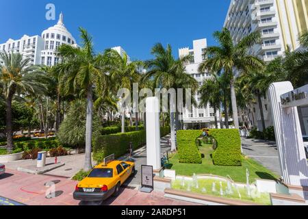 Blick auf Royal Palm Eingang und gelbe Kabine, South Beach, Miami, Florida, Vereinigte Staaten von Amerika, Nordamerika Stockfoto