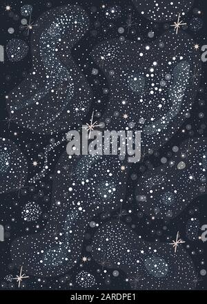 Bunte nahtlose Muster mit glänzenden Sternen. Dunklen Sternenhimmel. Rote, gelbe, blaue Sterne. Teil des Kosmos, Astronomie und Raumfahrt. Detaillierte Illus Stock Vektor