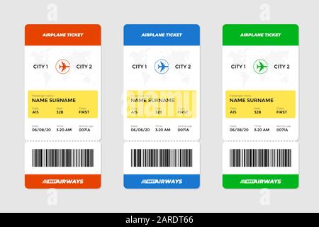 Realistische Vorlage für Bordkarten für Flugtickets mit erstklassigem Passagiernamen und Barcode. Buchen von Flugreisen mit dem Flugzeug vertikale Dokument Vektor Illustration Stock Vektor