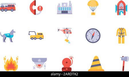 Icon Set Design, Notfallrettung Rettungsdienst Notruf 11 Gefahr helfen Sicherheit und Hilfe Thema Vektor-Illustration Stock Vektor