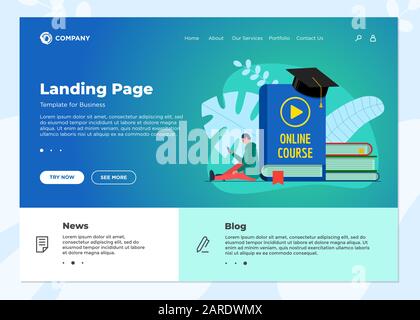 Vorlage für die Zielseite für Online-Schulungskurse. E-Learning Web-Design Mock up mit Schüler Teenager und spielen Video-Zeichen auf Cover-Buch. Fernstudium und Internet-Lehre Wissen Webinar Konzept Stock Vektor