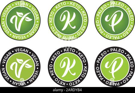 Vegan Paleo und Keto Diätvektor-Symbol mit der V-Form und den Blättern. Stock Vektor