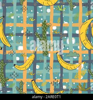 Nahtlose Muster mit Hand gezeichnet Kakteen und Obst (Banane). Hand gezeichnet, im skandinavischen Stil. Vector Illustration Stock Vektor
