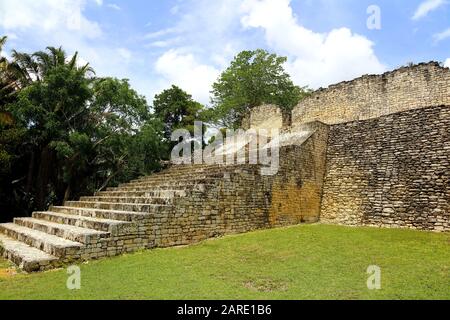 Das breite Treppenhaus der Akropolis, eines der größten Gebäude der antiken Maya-Stadt Kohunlich, Mexiko, führt von einer breiten plaza umgeben Stockfoto