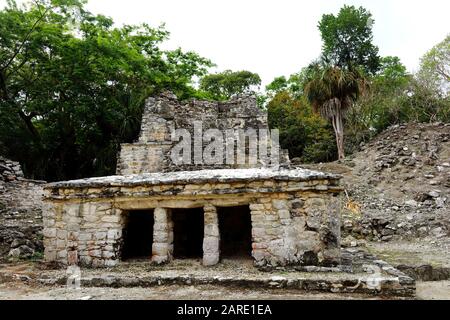 Ein kleiner Schrein sitzt an der niedrigen, zerfallenden Pyramide, die von Wald umgeben ist, in den alten Maya-Ruinen von Muyil, Mexiko. Stockfoto