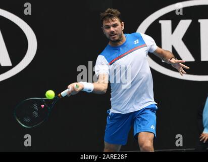 Melbourne Park Australian Open Day 8 27/01/20 Stan Wawrinka (SUI) gewinnt Spiel der vierten Runde Foto Roger Parker International Sports Fotos Ltd Stockfoto