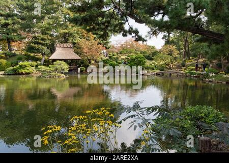 Shukkei-en Garden (Garten mit gesunkener Landschaft), Hiroshima, Japan, ein traditioneller japanischer Garten Stockfoto