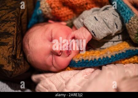 Nahaufnahme des Porträts eines neugeborenen Jungen, der in gestrickte Wolldecken gehüllt ist. Ein weiches und sanftes Kleinkind schläft friedlich mit der Hand am Kinn und geschlossenen Augen Stockfoto