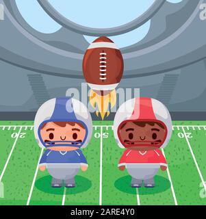 Spieler über Felddesign, Super Bowl american Football Sport Hobbywettbewerb Spieltraining Ausrüstung Tournement und Spielthema Vector Illustration Stock Vektor