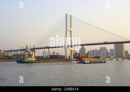 Shanghai, CHINA -30 Okt 2019- EIN Landschaftstag Blick auf die Nanpu Brücke über den Huangpu Fluss in Shanghai, China. Shanghai ist die größte chinesische Stadt Stockfoto