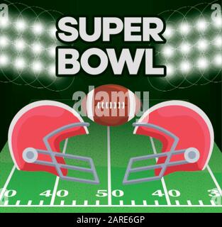 Ball und Helme über dem Felddesign, Super Bowl american Football Sport Hobby Wettbewerb Spiel Trainingsausrüstung Tournement und Spiel Thema Vector Illustration Stock Vektor