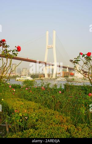 Shanghai, CHINA -30 Okt 2019- EIN Landschaftstag Blick auf die Nanpu Brücke über den Huangpu Fluss in Shanghai, China. Shanghai ist die größte chinesische Stadt Stockfoto