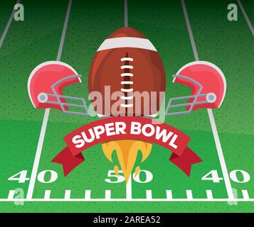 Ball und Helme über dem Felddesign, Super Bowl american Football Sport Hobby Wettbewerb Spiel Trainingsausrüstung Tournement und Spiel Thema Vector Illustration Stock Vektor