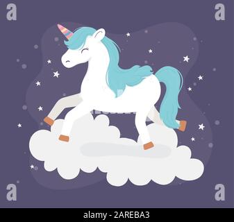 Unicorn Sprung auf Wolken Sterne Fantasy Magic Traum niedlich Cartoon dunkler Hintergrund Vektor-Illustration Stock Vektor