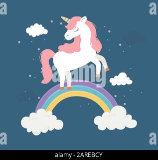 Unicorn auf Regenbogenwolken Fantasy-Magie Traum niedliche Cartoon-Vektor-Illustration Stock Vektor