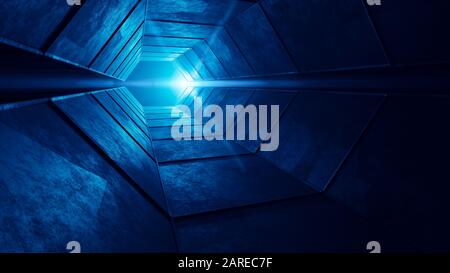 3D-Rendering von realistischem Sci-Fi dunklem Korridor mit blauem Licht. Futuristischer Tunnel mit grunzenden Metallwänden. Cyberpunk-Tunnel. Innenansicht. Moderne Fut Stockfoto