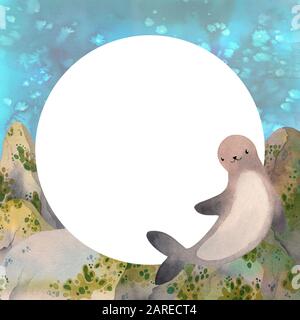 Niedlicher Rahmen. Wasserfarbe Lazy Seal entspannend auf Meeresfelsen und Klippen. Kawaii-Illustration für Kinderdrucke. Stockfoto