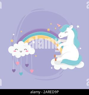 Unicorn auf Regenbogenwolke sitzend mit Hearts Fantasy-Zaubertraum niedliche Cartoon-Vektor-Illustration Stock Vektor