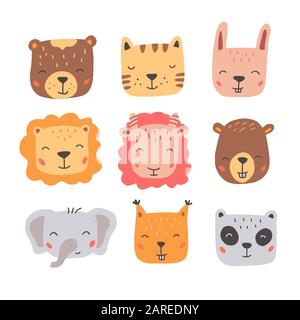 Satz süßer Wildtiere Gesichter, Bär, Rehe, Panda, Kaninchen, Fuchs. Isolierte Vektorgrafiken Tiere für Baby, Kinder, Design von Kinderprojekten. Handgezeichneter, niedlicher Stil. Stock Vektor