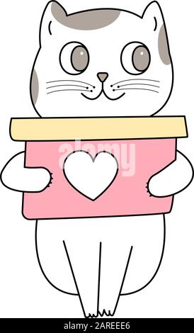 Katze und Box mit einem Herzsymbol handgezeichneter Stil, Niedlicher Cartoon kawaii lustiger Tierfigur. Stock Vektor