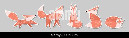 Sticksatz mit niedlichen Füchsen im modischen skandinavischen Stil. Vektorillustrierung. Stock Vektor