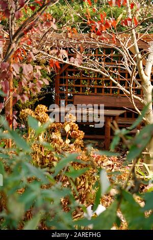 Pergola mit Tisch und Stühlen im Herbstgarten Stockfoto