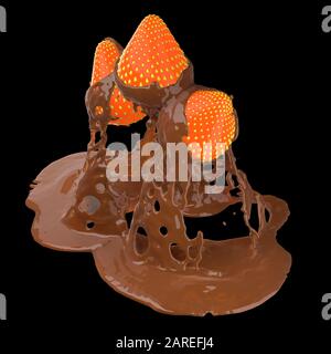3 saftige und frische Erdbeerbeeren werden auf flüssiges Gold gegossen. Isoliert auf schwarzem Hintergrund 3d-Darstellung Stockfoto