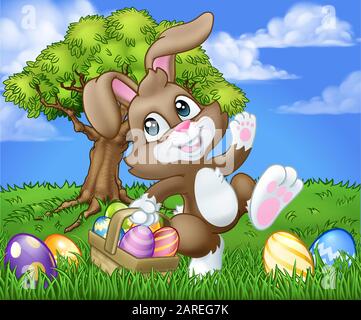 Osterhase Hase Eier Warenkorb Hintergrund Cartoon Stock Vektor