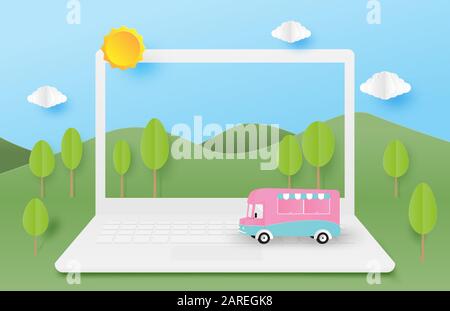 Frühlingskonzept mit Naturlandschaft und Fahrzeug auf Laptop in Papierschnitt. Vector Illustration Digital Craft Paper Art Stock Vektor