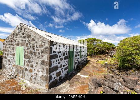 Ein altes Gebäude in der Nähe von Weinbergen auf der Pico-Insel auf den Azoren, Portugal. Stockfoto